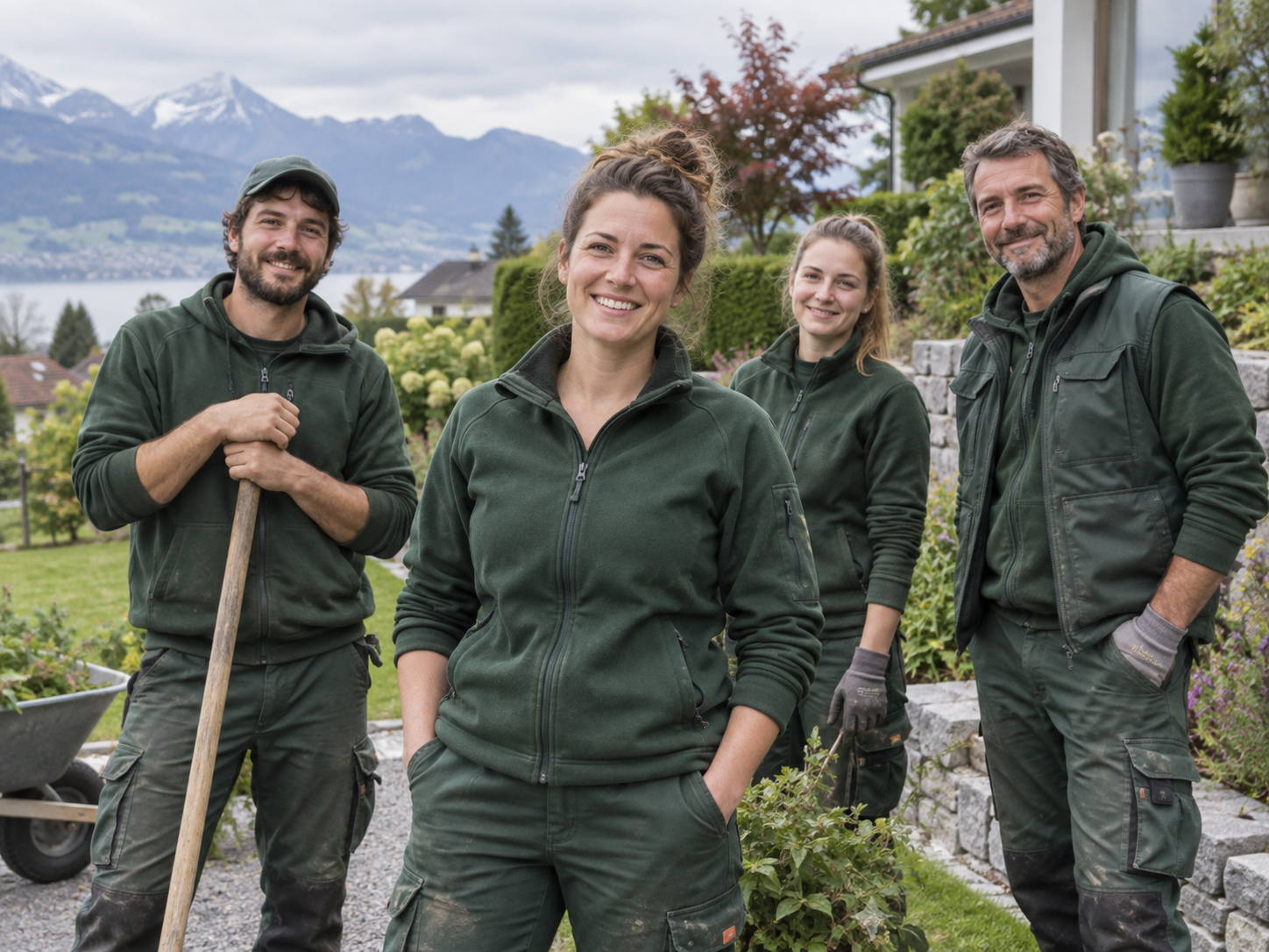Das Team von Morgenblatt Gartenservice in grüner Arbeitskleidung vor einer gepflegten Gartenanlage