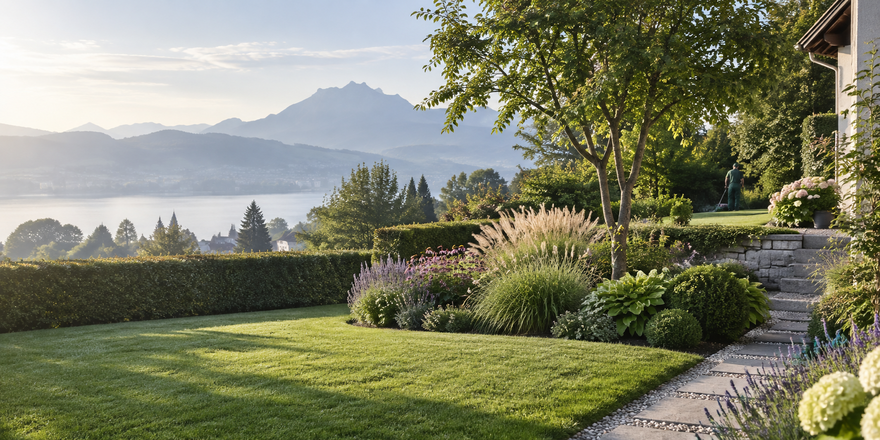 Gepflegter Garten mit geschnittener Hecke, Staudenbeet und Rasen, dahinter ein See und Berge
